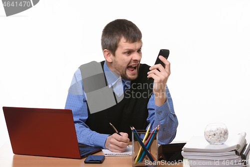 Image of head yells at the phone against a white background