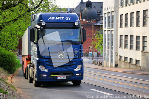 Image of Blue Mercedes-Benz Actros Transport in City