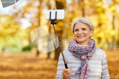 Image of senior woman taking selfie at autumn park