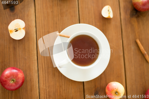 Image of cup of tea with apples and cinnamon on table