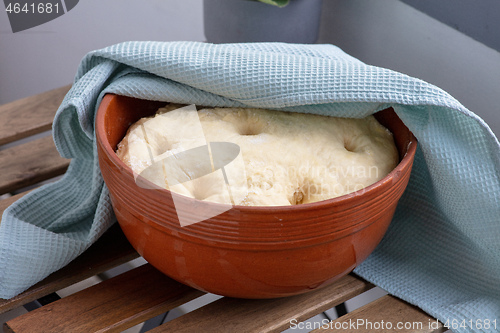 Image of leavened dough in ceramic bowl