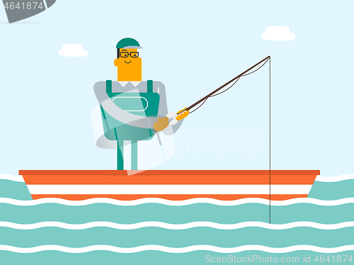 Image of Caucasian white fisherman fishing from the boat.