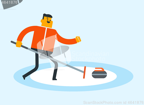 Image of Caucasian sportsman playing curling on ice rink.