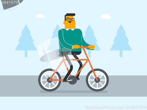 Image of Young caucasian white businessman riding a bike.