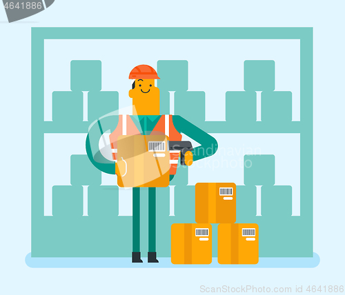 Image of Caucasian warehouse worker scanning barcode on box