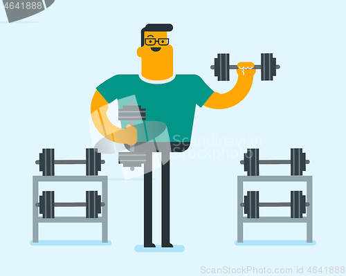 Image of Young caucasian white sportsman lifting a dumbbell