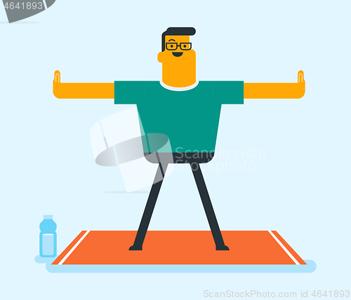 Image of Caucasian white man doing stretching exercise.