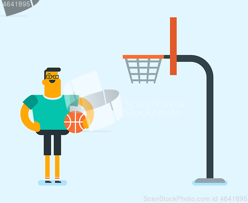 Image of Caucasian basketball player standing on the court.