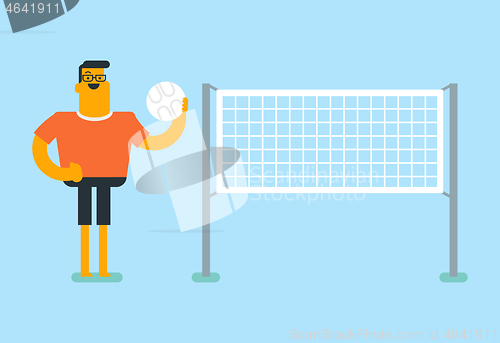 Image of Young caucasian white sportsman playing volleyball