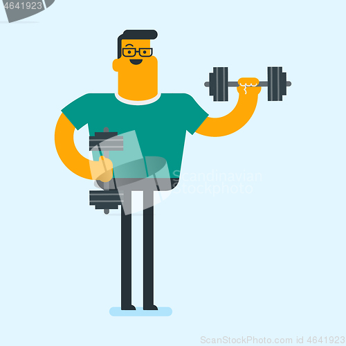 Image of Young caucasian white sportsman lifting dumbbell