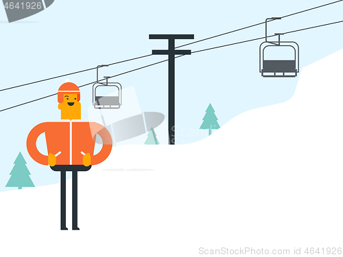 Image of Caucasian white skier and cableway at ski resort.