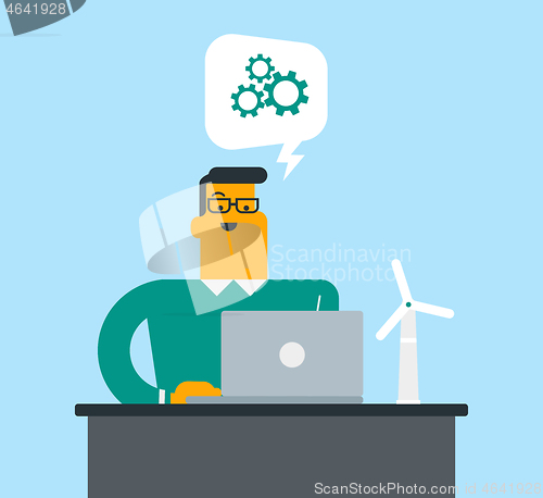 Image of Caucasian white engineer projecting a wind turbine