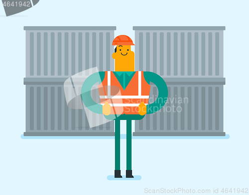 Image of Port worker standing on cargo container background