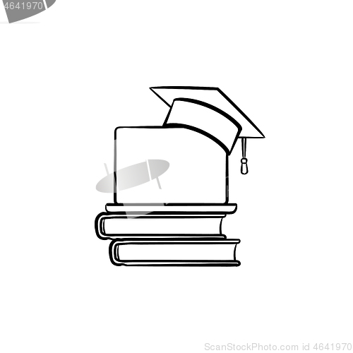 Image of Graduation cap on book and laptop hand drawn icon.