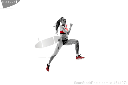 Image of one caucasian woman running on white background