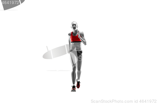 Image of one caucasian woman running on white background