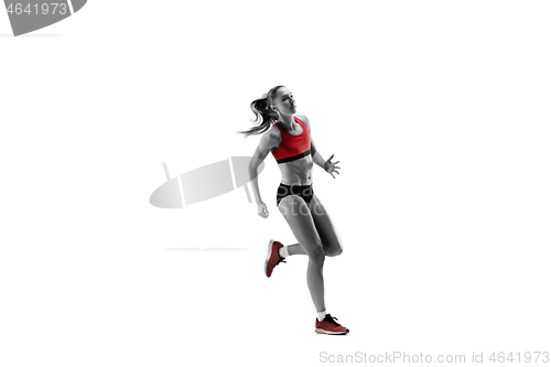 Image of one caucasian woman running on white background