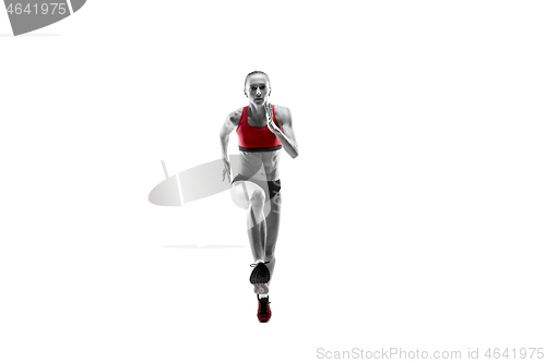 Image of one caucasian woman running on white background