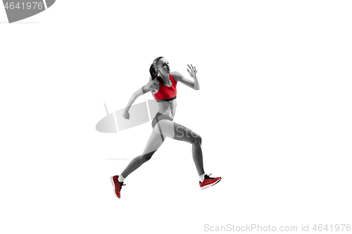 Image of one caucasian woman running on white background