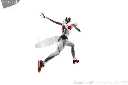 Image of one caucasian woman running on white background