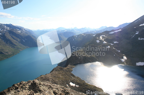 Image of Gjende and Bessvatn seen from Besseggen