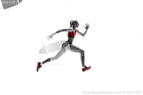 Image of one caucasian woman running on white background