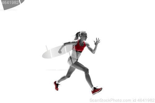 Image of one caucasian woman running on white background