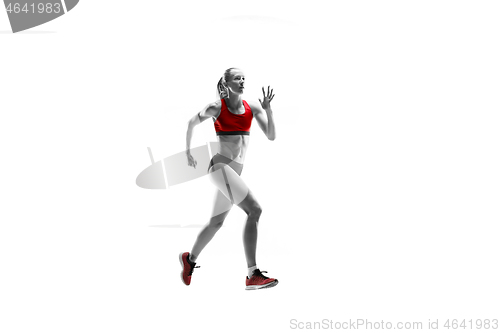 Image of one caucasian woman running on white background