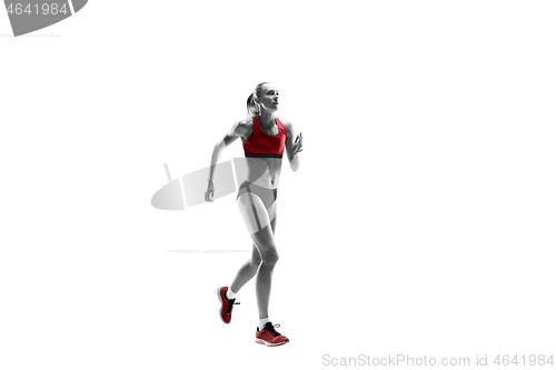 Image of one caucasian woman running on white background