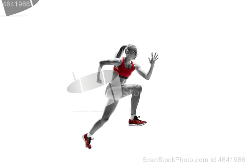 Image of one caucasian woman running on white background