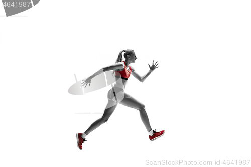 Image of one caucasian woman running on white background