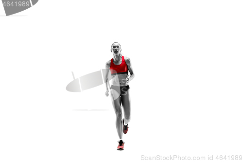 Image of one caucasian woman running on white background