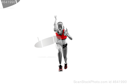 Image of one caucasian woman running on white background