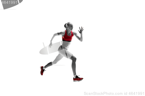 Image of one caucasian woman running on white background