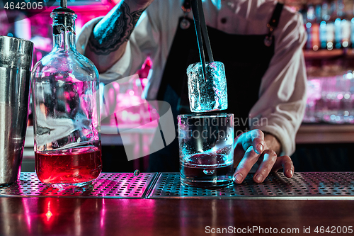 Image of Expert barman is making cocktail at night club.