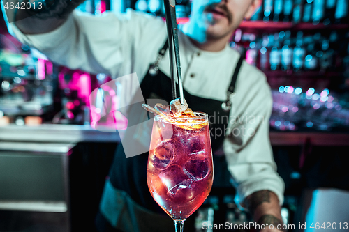 Image of Expert barman is making cocktail at night club.