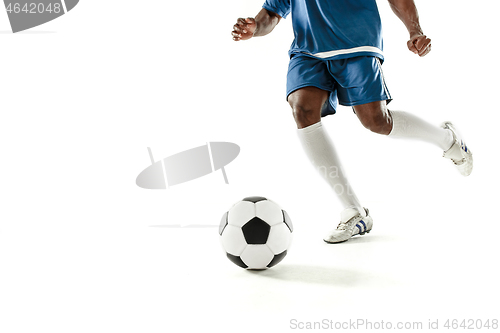 Image of legs of soccer player close-up isolated on white