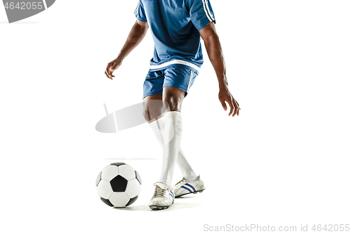 Image of legs of soccer player close-up isolated on white