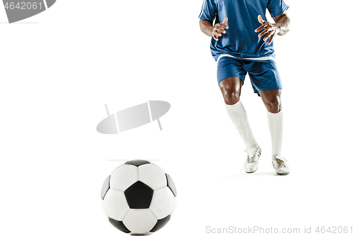 Image of legs of soccer player close-up isolated on white