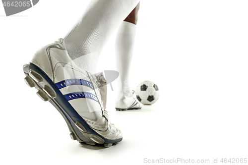 Image of legs of soccer player close-up isolated on white