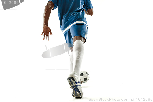 Image of legs of soccer player close-up isolated on white