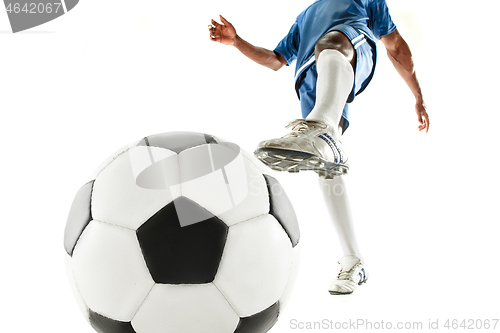 Image of legs of soccer player close-up isolated on white