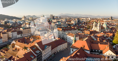 Image of Panoramic view of Ljubljana, capital of Slovenia, at sunset. Empty streets of Slovenian capital during corona virus pandemic social distancing measures in 2020