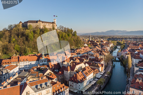 Image of Aerial drone panoramic view of Ljubljana, capital of Slovenia in warm afternoon sun