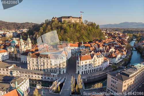 Image of Aerial drone panoramic view of Ljubljana, capital of Slovenia in warm afternoon sun