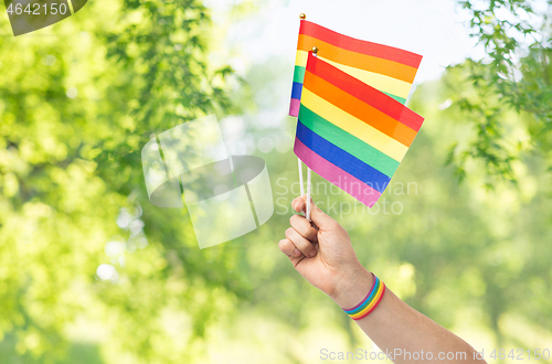 Image of hand with gay pride rainbow flags and wristband