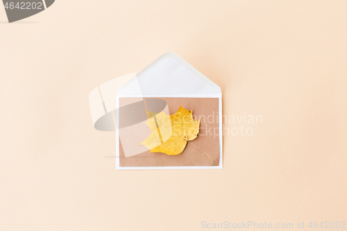 Image of autumn maple leaf with envelope on beige