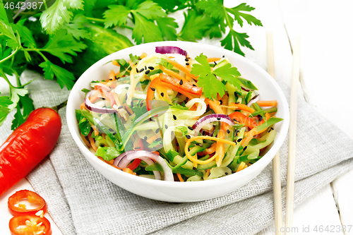 Image of Salad of cucumber in bowl on light board