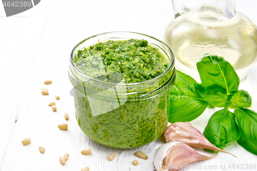 Image of Pesto in jar on white board