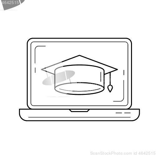 Image of Graduation cap on computer screen vector line icon